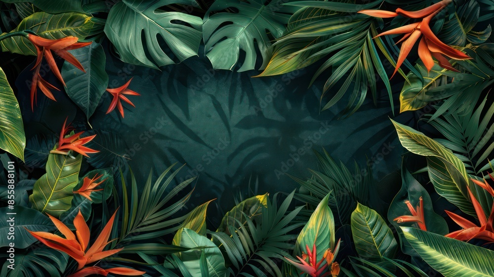 Lush tropical floral leaves in deep green background, copy space, empty space for text