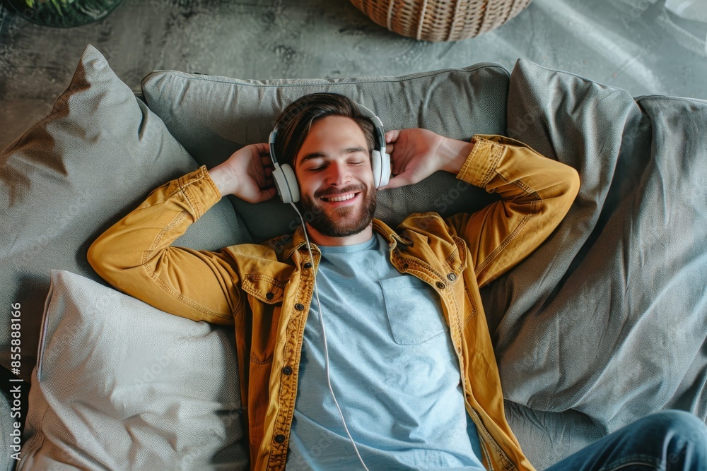 Fototapeta premium Happy and funny man lying on a sofa on his back listening to music from a mobile with white headphones