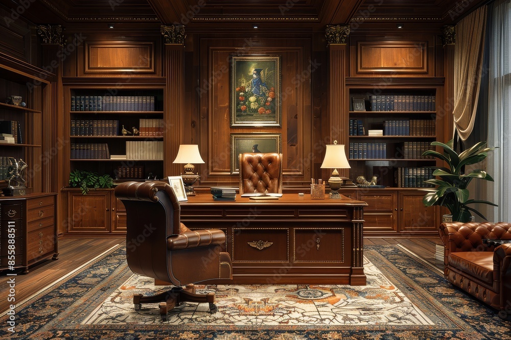 Fototapeta premium A professional home office with a large executive desk,