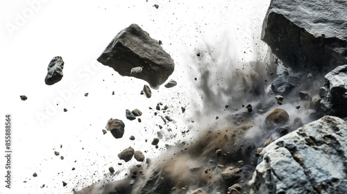 Rock stone white background fall black falling space isolated splash dust mountain cliff flying. Earth stone boulder texture rock abstract broken powder white dirt blast float burst fantasy surface