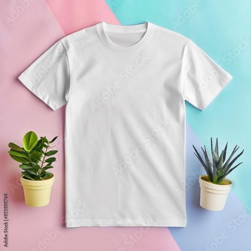 White realistic T shirt mockup design on colorful modern background