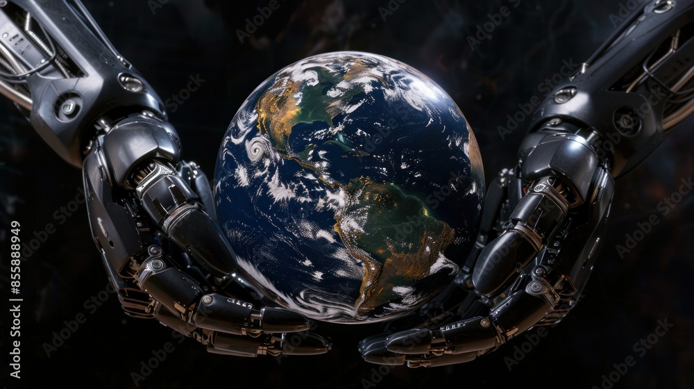 Two robotic hands holding the planet earth as a symbol that technology is taking over the Earth. wide angle lens Two robotic hands holding the planet earth as a symbol that technology is taking over the Earth. wide angle lens