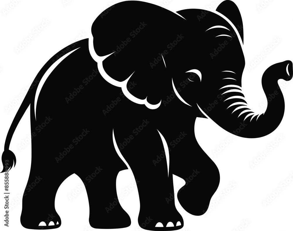 Fototapeta premium Baby Elephant sitting Silhouette isolated on white background Minimalist elephant vector shape icon