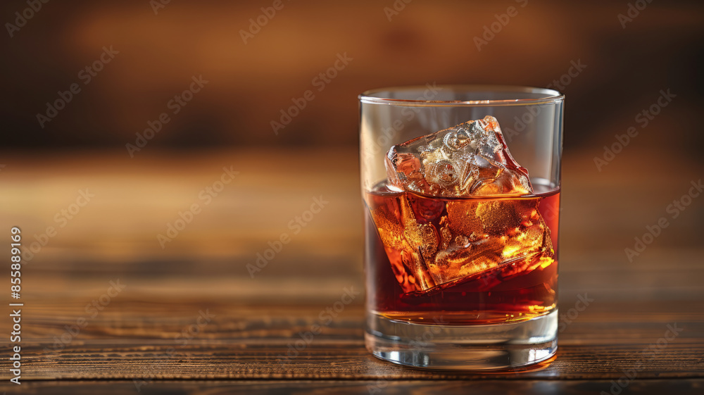 A glass of whiskey with ice cubes on a wooden table. A glass of whiskey with ice cubes on a wooden table.