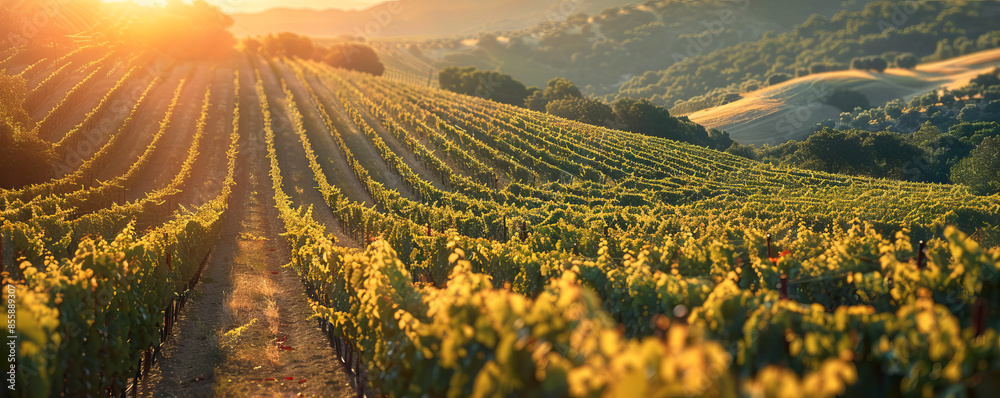 A picturesque vineyard nestled among rolling hills, its rows of grapevines basking in the warm sunlight of a summer afternoon.