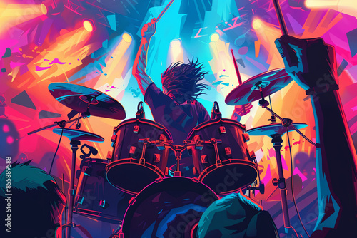 Rock concert poster. A drummer plays drums during a show. Band on a stage club
 photo