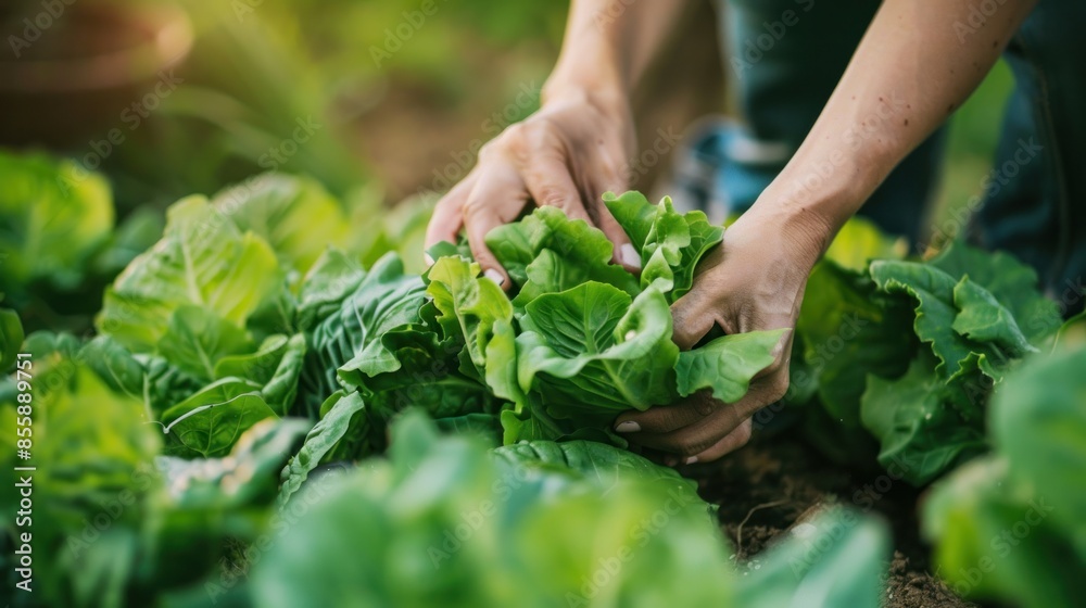 woman hand picking green lettuce in vegetable garden. wide angle lens woman hand picking green lettuce in vegetable garden. wide angle lens
