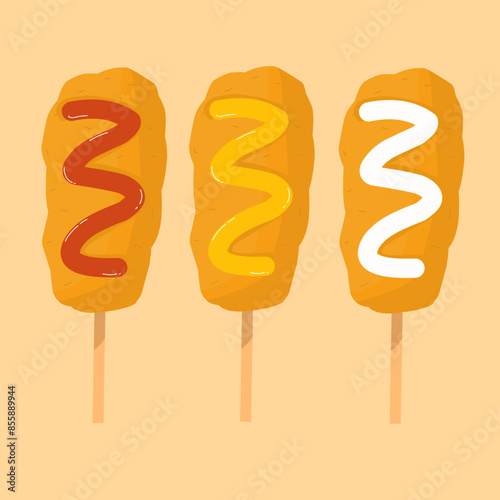Set of corn dog with various Sauce ketchup, mayonnaise and cheese vector 