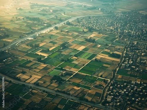 Aerial view of vast agricultural fields and a small town, showcasing the contrast between rural and urban landscapes.