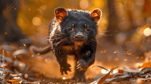 Within the dense scrub and eucalyptus forests of Tasmania, a Tasmanian Devil moves with agile determination, its coarse fur and intense expression a testament to its adaptability in the rugged and photo