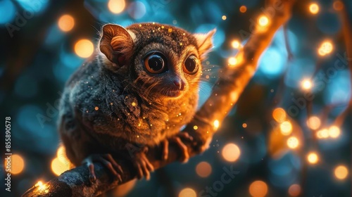 In the tranquil darkness of a moonlit jungle, a tarsier's silhouette is highlighted against the dappled light filtering through the canopy. Its large eyes and gentle presence are perfectly attuned to