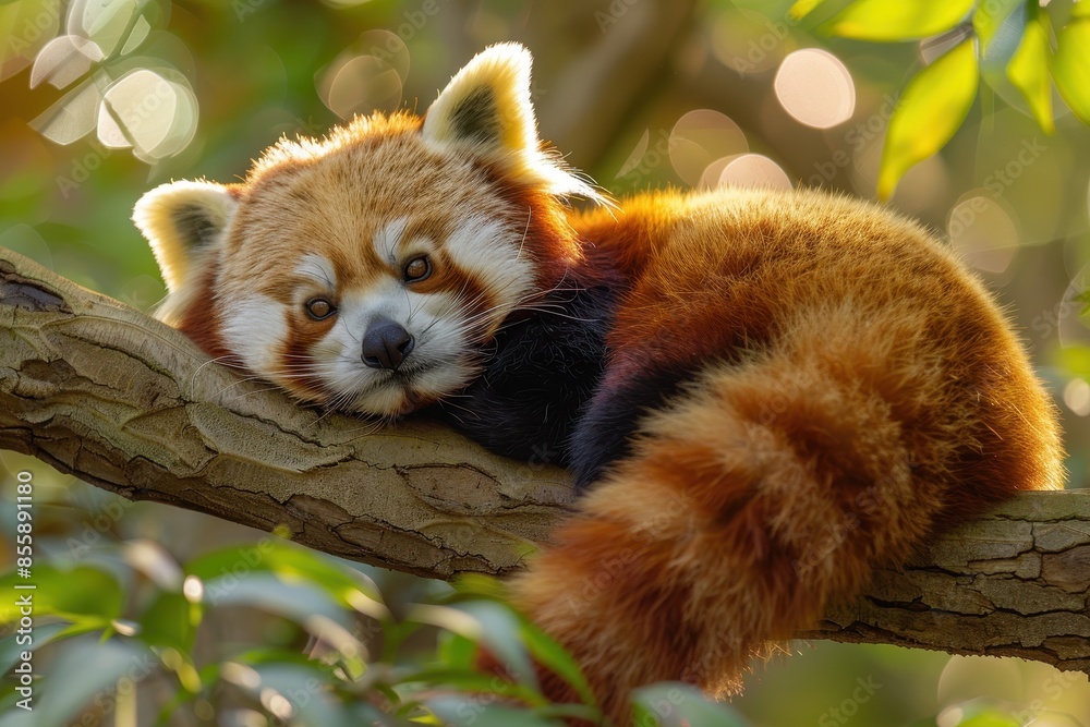 A red panda lounging on a tree branch, surrounded by green leaves. The red panda's bushy tail is hanging down and it has a relaxed expression A red panda lounging on a tree branch, surrounded by green leaves. The red panda's bushy tail is hanging down and it has a relaxed expression