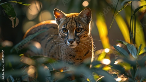 In the dense undergrowth of a Madagascan forest, a fossa prowls with stealth and grace, its muscular body and keen eyes adapted for hunting. The dappled sunlight filtering through the canopy