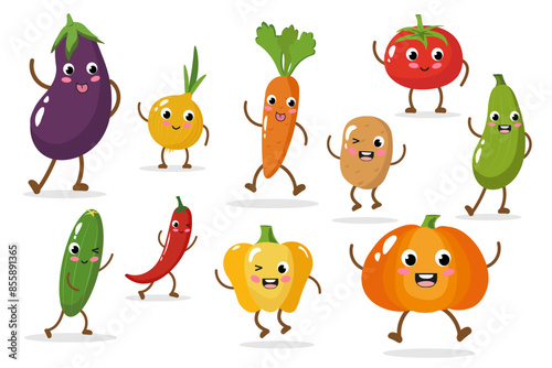 Cute cartoon eggplant, tomato, onion, pumpkin, carrot, potato, zucchini, cucumber, pepper. Set of cartoon vegetable characters with emotions. Funny emoticon in flat style with kawaii eyes.