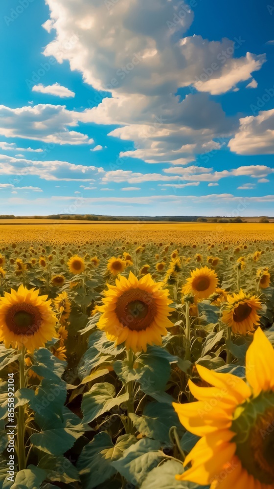 Fototapeta premium A Vast Field of Sunflowers in Full Bloom Under a Bright Blue Sky with Fluffy White Clouds.