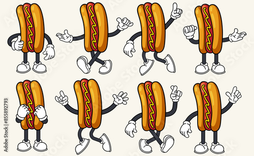 Set of 70s 80s groovy hotdog cartoon character vector. Collection of retro cartoon character. Mascot groovy cartoon vector illustration.