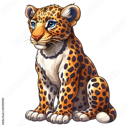 Adorable cartoon leopard with blue eyes sitting. Perfect for kids' illustrations, educational materials, and playful designs. isolated on transparency background, PNG cut out