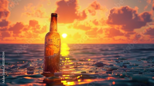 Wine bottle on the ocean at sunset