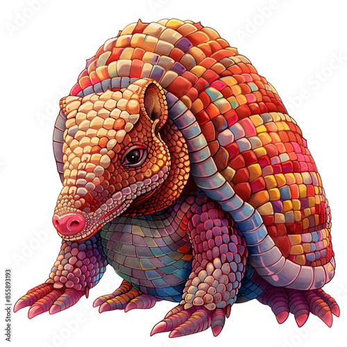 Colorful digital illustration of a vibrant armadillo with a mosaic-like pattern on its shell,  isolated on transparency background, PNG cut out photo