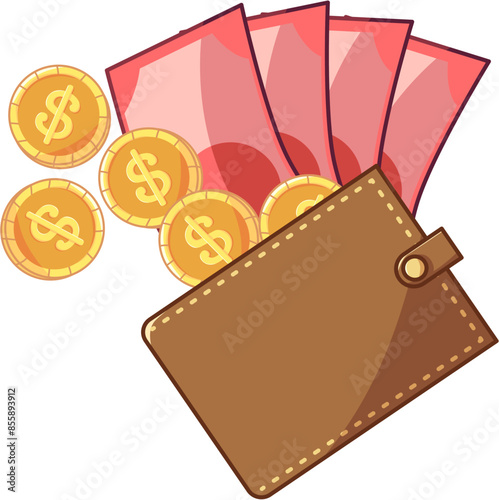 Money coins and cards with dollar currency in a wallet illustration in flat design