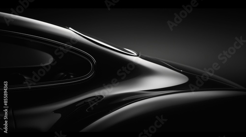 Automotive photography, close-up of fender and hood line on a metallic black car, highlighting the abstract and sleek design.