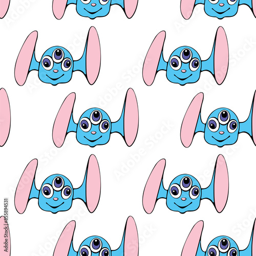Seamless pattern with funny Aliens heads in doodle flat style. Humanoids, visitors, Martians. Vector cute background, texture on theme of space, UFO, fantastic, kids design
