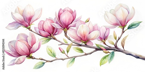 Magnolia flowers branch in delicate watercolor style on background, magnolia, flowers, branch, watercolor, style