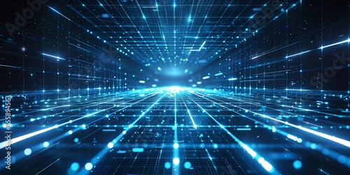 Abstract, futuristic background with blue glowing light rays and a grid pattern, perfect for tech and digital themes. photo