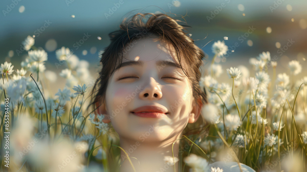 Beautiful Young Woman Lying in a Field of Daisies Enjoying the Sunshine with a Blissful Smile and Eyes Closed, Embracing Nature and Serenity in a Peaceful Meadow Filled with Blooming Flowers Beautiful Young Woman Lying in a Field of Daisies Enjoying the Sunshine with a Blissful Smile and Eyes Closed, Embracing Nature and Serenity in a Peaceful Meadow Filled with Blooming Flowers