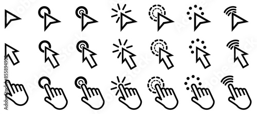 Click cursor icon collection. Set of computer mouse symbol. Arrow, hand, hourglass, mouse. Computer mouse click cursor arrow and loading icons