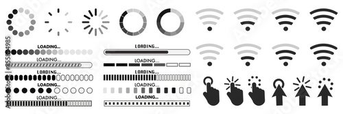 Click cursor icon and loading bar collection. Set of computer mouse, loading bar, update symbol