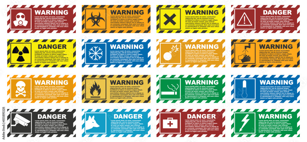 Warning yellow sign collection. Set of warning signs plate. Warning sticker collection Warning yellow sign collection. Set of warning signs plate. Warning sticker collection