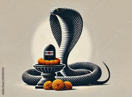 Illustration for nag panchami with a cobra standing upright with lingam