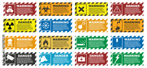 Warning yellow sign collection. Set of warning signs plate. Warning sticker collection