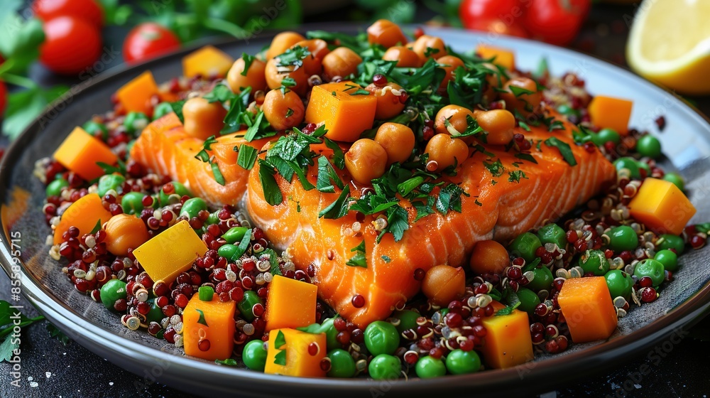 Salmon, carrots, peas on quinoa bed with peas Salmon, carrots, peas on quinoa bed with peas