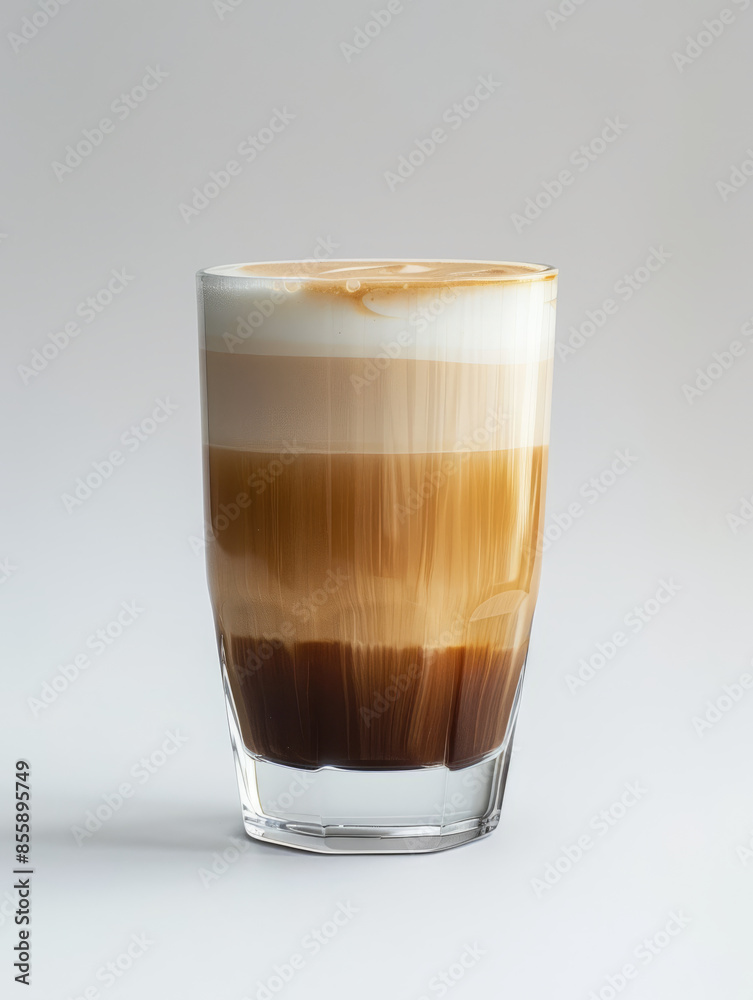 Glass of layered latte coffee on a gray background. Glass of layered latte coffee on a gray background.