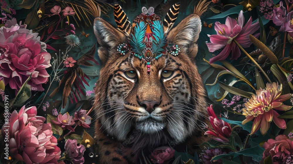Fototapeta premium A painting of a tiger with feathers on its head