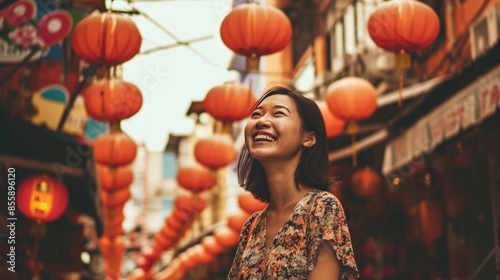 Cheerful Asian woman enjoying a walk through the bustling Chinatown district in central Bangkok. Plenty of Copy Space.