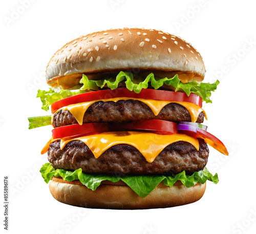 A delicious big Cheeseburger. Isolated on transparent background.