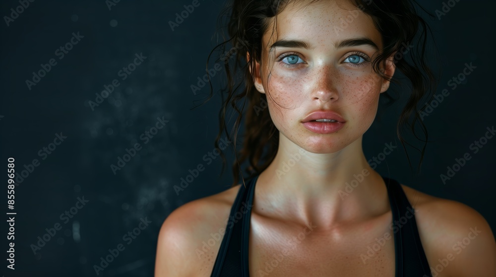 Woman With Blue Eyes Posing Against Dark Background Woman With Blue Eyes Posing Against Dark Background