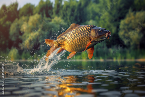 Big Carp jumping out of the water and making a splash. Ai generative
