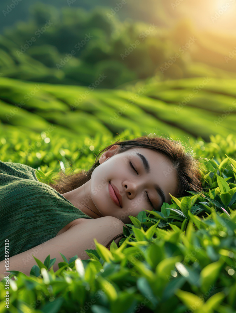 Serene Woman Sleeping Peacefully in Lush Green Tea Field under Golden Sunlight, Surrounded by Nature, Tranquility and Relaxation in Idyllic Countryside Landscape Serene Woman Sleeping Peacefully in Lush Green Tea Field under Golden Sunlight, Surrounded by Nature, Tranquility and Relaxation in Idyllic Countryside Landscape