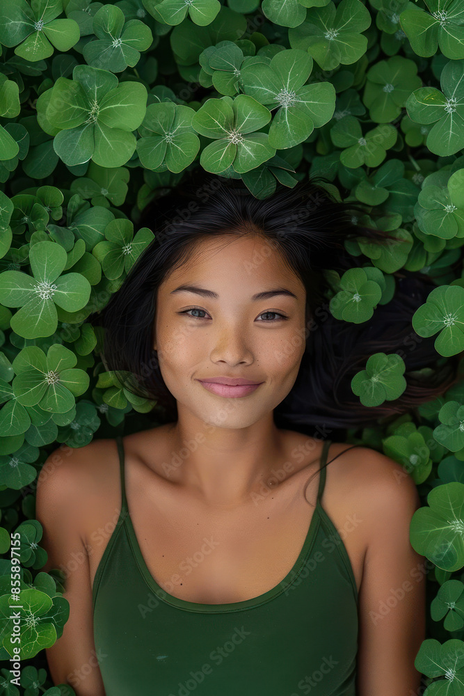 Serene Woman Lying on Lush Green Clover Field, Embracing Nature, Tranquility, Relaxation, and Harmony in a Peaceful Outdoor Setting Serene Woman Lying on Lush Green Clover Field, Embracing Nature, Tranquility, Relaxation, and Harmony in a Peaceful Outdoor Setting