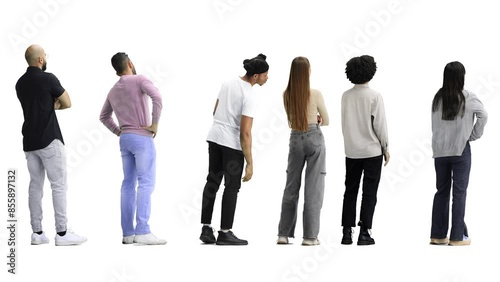 A group of people on a white background in full-length view from the back are waiting