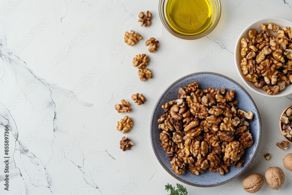 Mediterranean salad with walnuts in a plate with olive oil and walnuts on a white table. Top view Mediterranean salad with walnuts in a plate with olive oil and walnuts on a white table. Top view