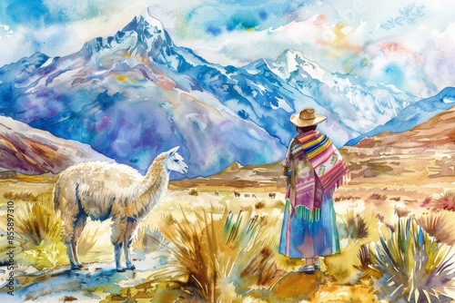 cholita woman of Bolivia with llama hight quality watercolor illustration in picturesque landscape with mountains photo
