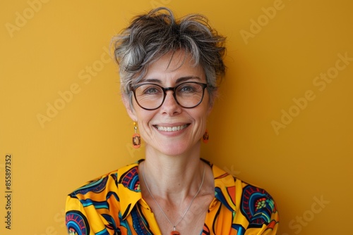 portrait of middle aged woman with short hair and glasses, smiling at camera on yellow background, wearing colorful shirt, cheerful mood, professional photography 