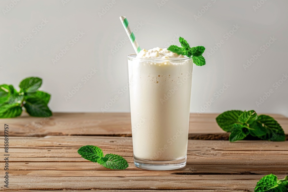Milk shake with mint on wooden table and mint leaves isolated white background Front view. Milk shake with mint on wooden table and mint leaves isolated white background Front view.