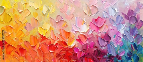 Spring flower festival. Multicolored texture painting. Abstract art background. Acrylic on canvas. Rough brushstrokes of paint. Copy space image. Place for adding text or design