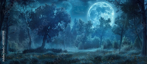 Bright full moon over dark fairy tale forest. Copy space image. Place for adding text or design photo